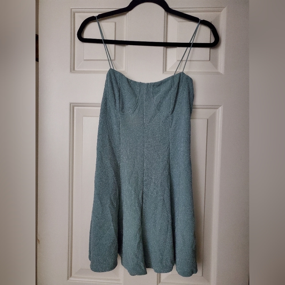 LIKE NEW URBAN OUTFITTERS SPAGHETTI STRAP MUTED GREEN WITH SILVER THREAD ROMPER